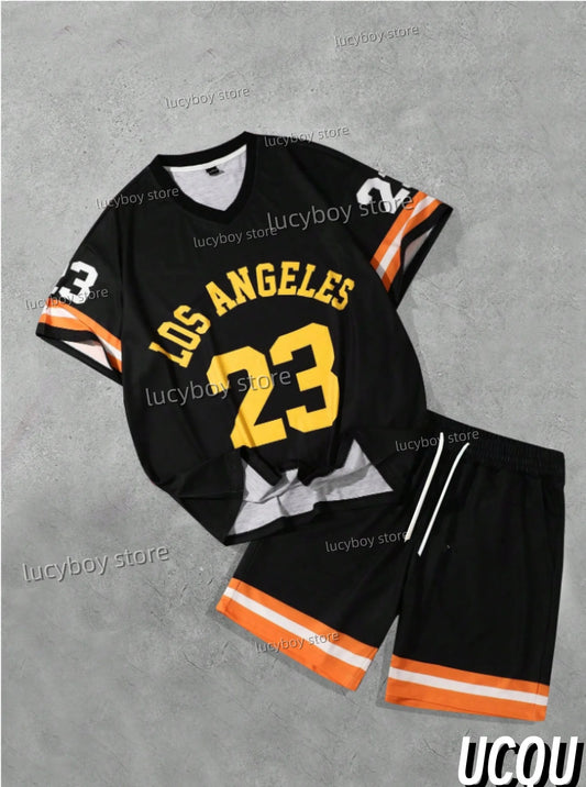 New In NUMBER  Print Men's Casual Short Sleeve v-neck T-Shirt Shorts Set Adult Basketball Jogging  2 Piece Set men Clothing