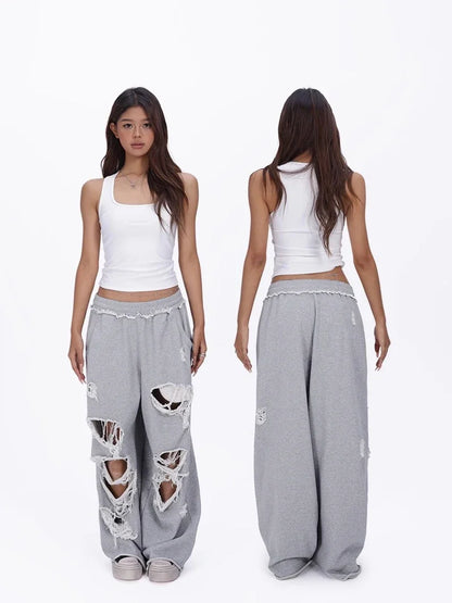 2025 New Distressed Gray Baggy Joggers Women Hip Hop Style Grunge Wide Leg Holes Sweatpants Oversized Gyaru Streetwear Trousers