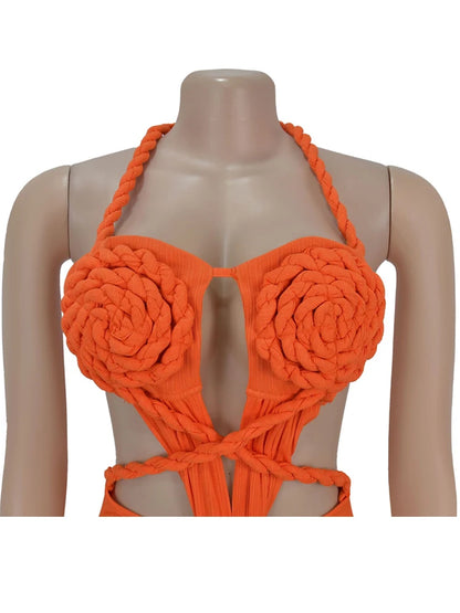 Beyprern Women's Cut-Out Ruched Maxi Dress Orange Sexy Halter Neck Backless High Slit Bandage Party Dresses Birthday Outfits