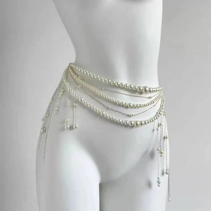 Y2K Designer belt Jewelry Multilayer Pearl waist chain for Women's Fashion Retro Character Playing Body Accessories Party Belts