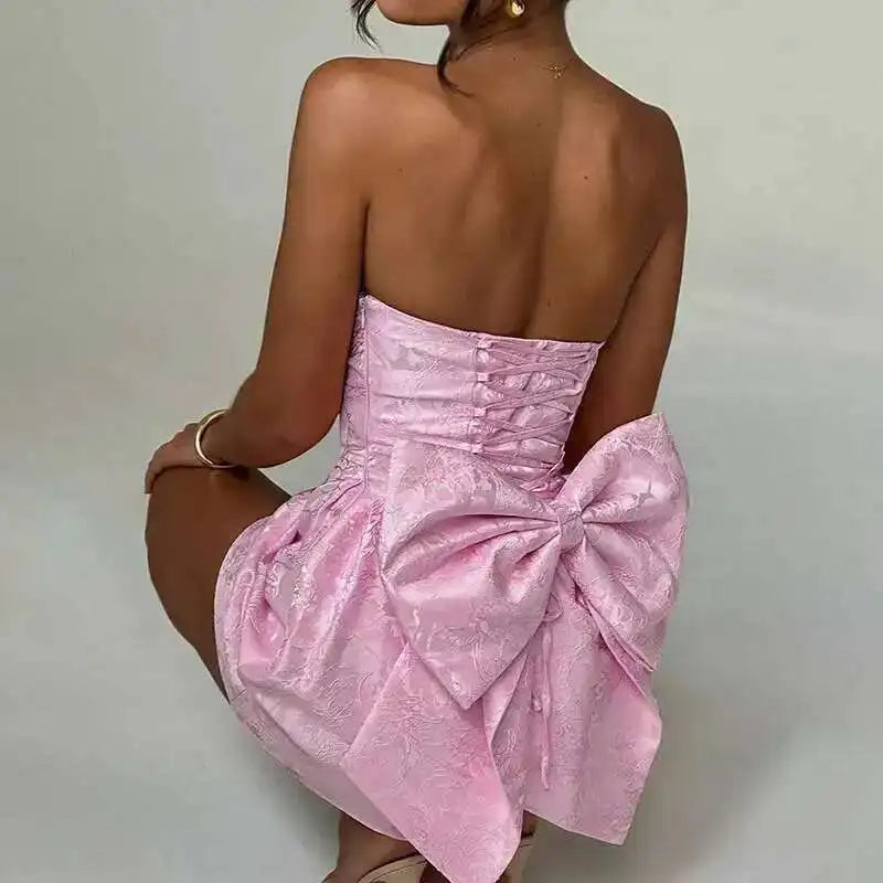 Giyu Club Evening Party Dresses Women 2025 Summer Sexy Bow Halter Long Dress Elegant Jacquard Lace Up Backless Birthday Robe