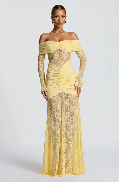 Mozision Off-shoulder Long Sleeve Sexy Maxi Dress Women Fashion Lace See Through Strapless Backless Bodycon Club Party Dresses
