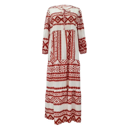 Women's Summer Casual Fashion Geometric Print Neckline Lace-up Bubble Middle-sleeves Ruffle Stitching Big Swing Long Losse Dress