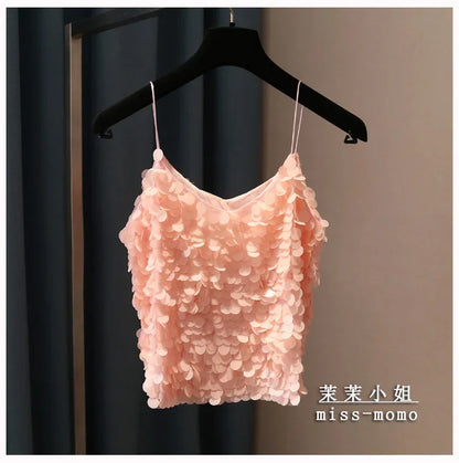 Women Sequins Temperament Sexy Peplum Camisole Top V Neck Strap Camis Club Girls Sequin Sleeveless Short Camisole Vest Tops 2024
