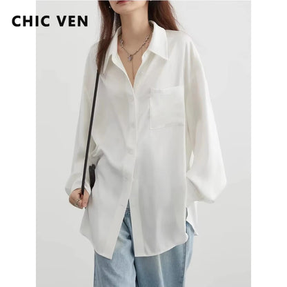 CHIC VEN Korean Women Shirt White Solid Pleated Side Slit Loose Long Sleeved Woman Blouses Female Tops Spring Summer 2025