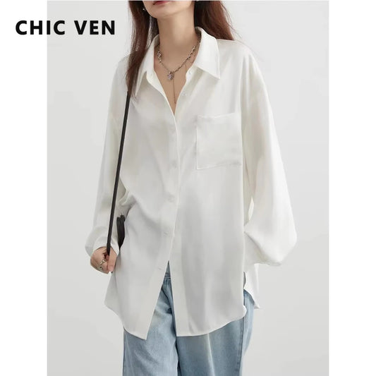CHIC VEN Korean Women Shirt White Solid Pleated Side Slit Loose Long Sleeved Woman Blouses Female Tops Spring Summer 2025