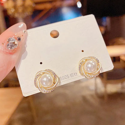 925 Silver Needle Korean Fashion Crystal Pearl Earrings For Women Jewelry 2025 Trending French Red Green White Flower Earrings