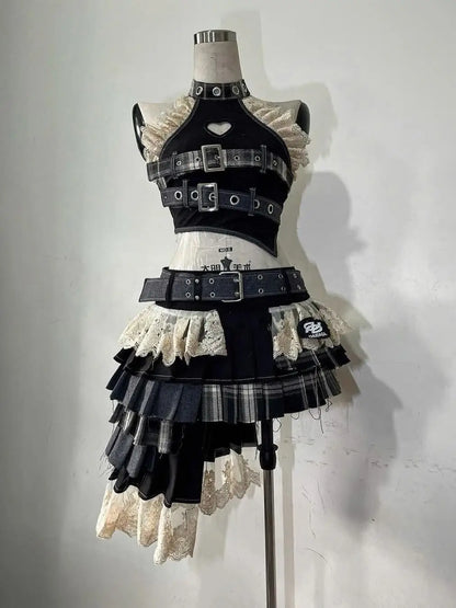 Punk Style Vintage Elegant Y2K Woman 2 Piece Sets Gothic Sleveless Crop Tops +High Waist Ruffle Skirt Female Party Chic Outfits
