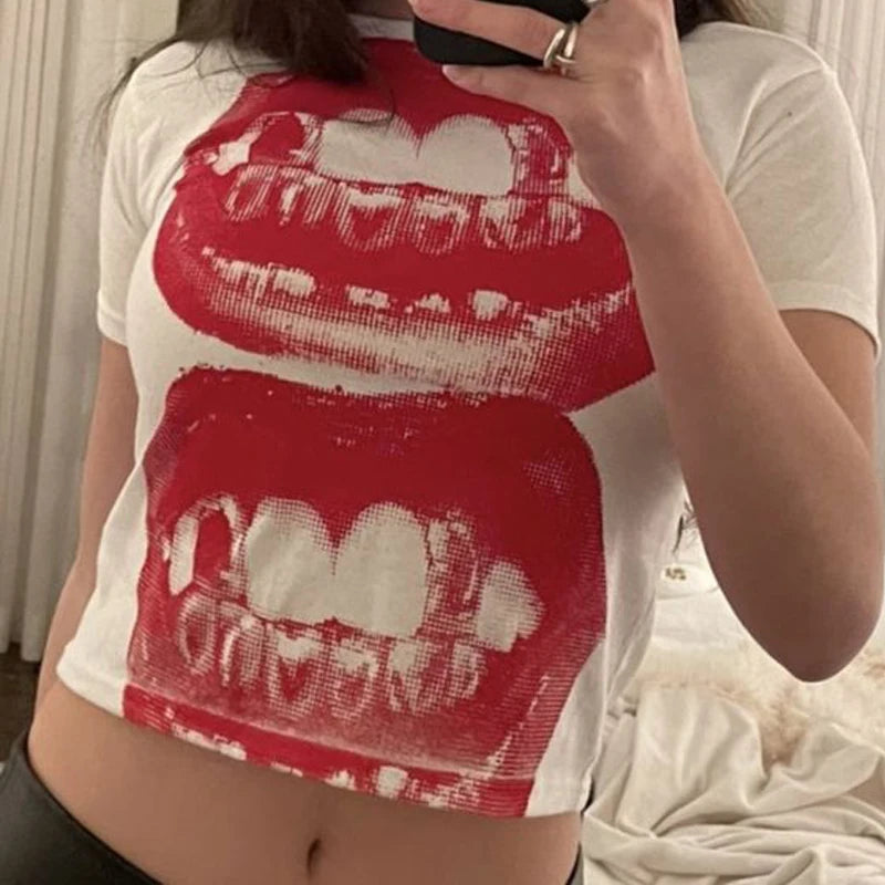 Y2K clothes 2000s vintage Harajuku fairy garbage blouse women's T-shirt Goth lip KISS print E-girl EMO Crop women's club top