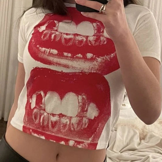Y2K clothes 2000s vintage Harajuku fairy garbage blouse women's T-shirt Goth lip KISS print E-girl EMO Crop women's club top