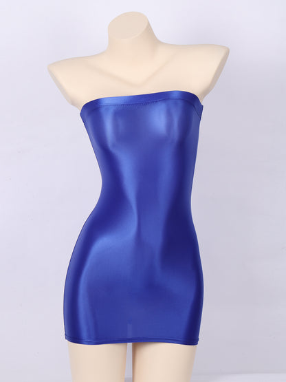 Sexy Women Oil Glossy Sheer Bodycon Dress Females See Through Strapless Pencil Dress Smooth Tight Mini Dress Clubwear