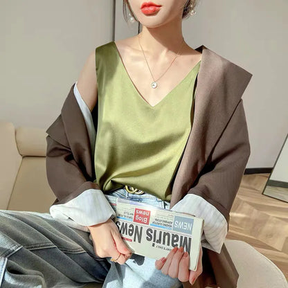Acetate satin Camisole Women's V-neck Silk Satin vest Top elegant wild Avocado Green white black tank Women Crop Tops