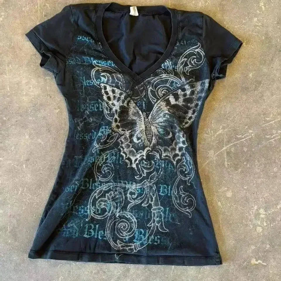 Vintage Clothes Women Print Sexy Punk Streetwear Slim Femme Tees Shirt Gothic Casual Grunge T Shirts 2000s Emo Y2k Crop Top