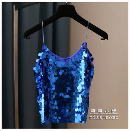 Women Sequins Temperament Sexy Peplum Camisole Top V Neck Strap Camis Club Girls Sequin Sleeveless Short Camisole Vest Tops 2024