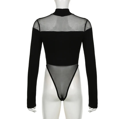 CIBBAR Black Hollow Out Bodysuit Mesh Patchwork Solid Full Sleeve See Through Bodycon Jumpsuit for Women Club Party Outfits Lady