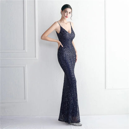 Women's Black Long Sleeve Padded Strap Sequin Dress Length, Sparkles Stretch, V Neck Mermaid, Formal Evening Dress, Night Party