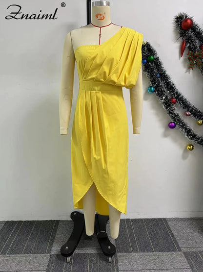 Znaiml Elegant Yellow Wedding Party Dresses Women One Shoulder Sleeveless Ruched Split Bodycon Evening Prom Birthday Gown Robe