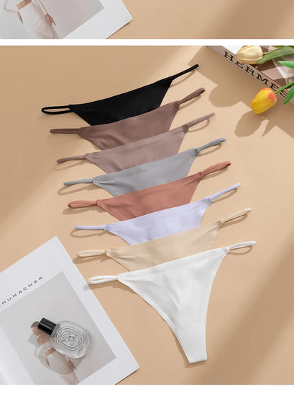 Women's Sexy Lightweight Ice Silk Seamless Knit Thong with Thin Straps - No Show Panty Underwear Lingerie Intimate Apparel