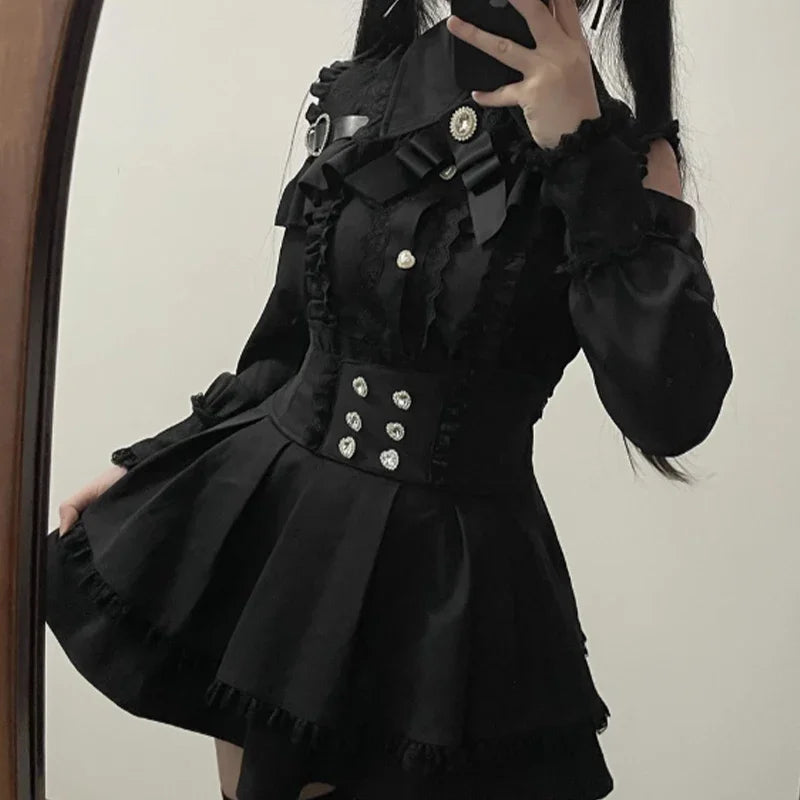 Kawaii Off Shoulder Long Sleeve Shirts Women Black Short Skirt Set Y2K Gothic Ruffle Skirts Lace Lolita Shirt Gown Suit ﻿﻿﻿﻿﻿
