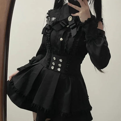 Kawaii Off Shoulder Long Sleeve Shirts Women Black Short Skirt Set Y2K Gothic Ruffle Skirts Lace Lolita Shirt Gown Suit ﻿﻿﻿﻿﻿