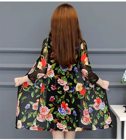2024 Female Mid Length Large Size Sun Protection Cardigan Tops Coat Women Summer Gauze Lace Print Thin Sun Sunscreen Jacket 5XL