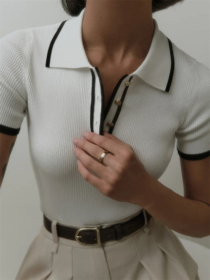 Knit Sweater Pullover Women Short Sleeve Patchwork Slim Lapel Elegant Contrast Knitwear Top Female Skinny Ribbed Pullover