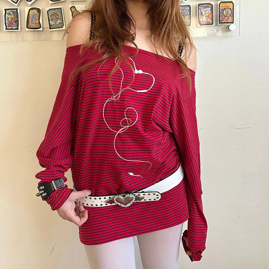 イーガール サイバーグランジ ストライプ Tシャツドレス 原宿 オフショルダー 長袖 ボディコン ドレス レディース プレッピー ヴィンテージ Y2K ショートドレス
