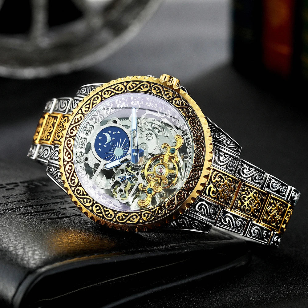 WINNER Luxury Tourbillon Skeleton Automatic Mechanical Watch for Men Luminous Hands Vintage Engraved Mens Watches Steel Strap