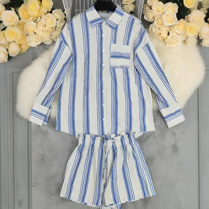 Casual 2 Piece Set For Woman 2025 Spring Summer Fashion Striped Print Shirts Tops And Shorts New In Matching Short Sets Outfits
