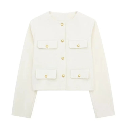 TRAFZA Women Vintage Solid Coat Button Long Sleeve O Neck Jacket With Pocket 2024 Autum Elegant Female Casual Outerwear Jakcet