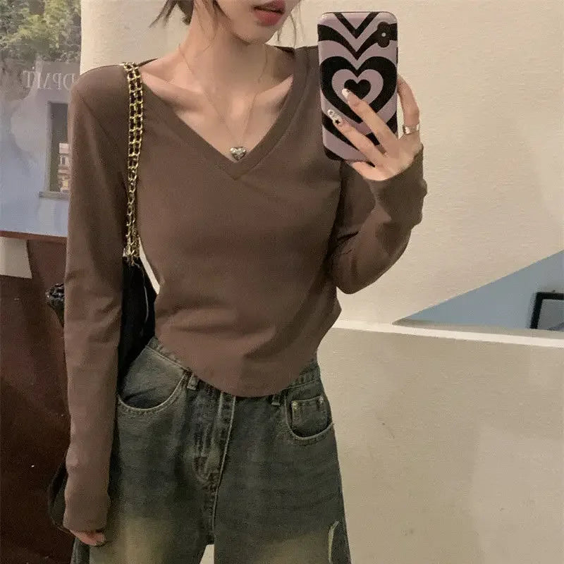 Black Clothing 2024 Top for Women Brown Woman T-shirt Sexy V Neck Tshirt Goth Old Aesthetic Causal 2000s Korea Stylish Kpop Tee