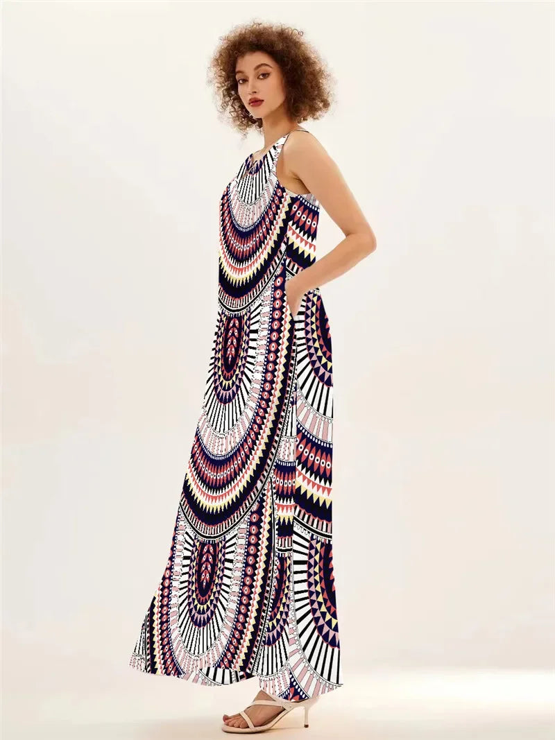Spring Summer Long Dress Womens Long Casual Party Dresses Women Clothing Casual A-Line Printing V-Neck Pockets Maxi Dress Autumn