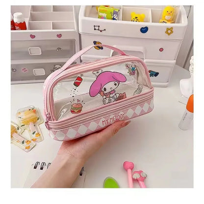 Cartoon Hello Kitty Pencil Case Cute Sanrio Kuromi Large Capacity Double Layer Multifuntion Portable Pen Cosmetic Bag Kids Gift