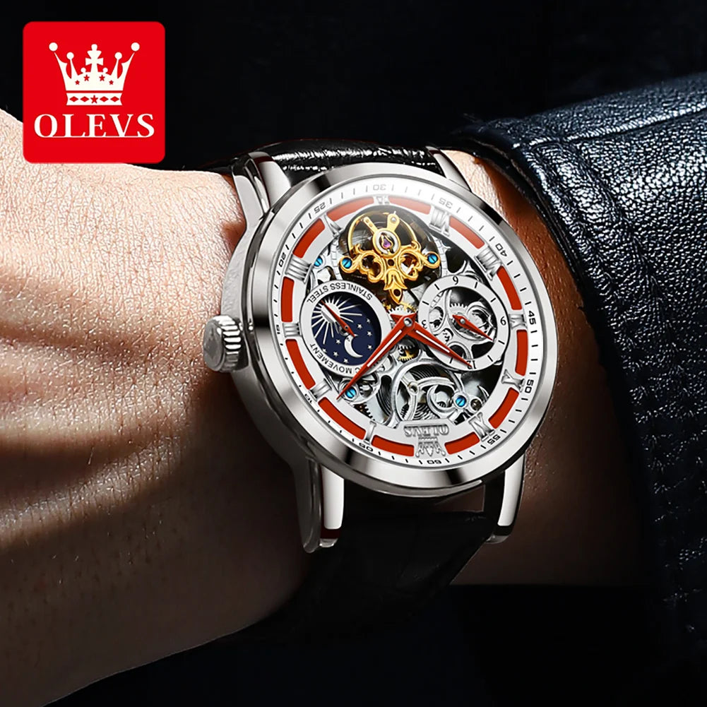 OLEVS Brand New Luxury Moon Phase Tourbillon Watch for Men Leather Strap Waterproof Fashion Skeleton Mechanical Watches Mens