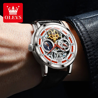 OLEVS Brand New Luxury Moon Phase Tourbillon Watch for Men Leather Strap Waterproof Fashion Skeleton Mechanical Watches Mens