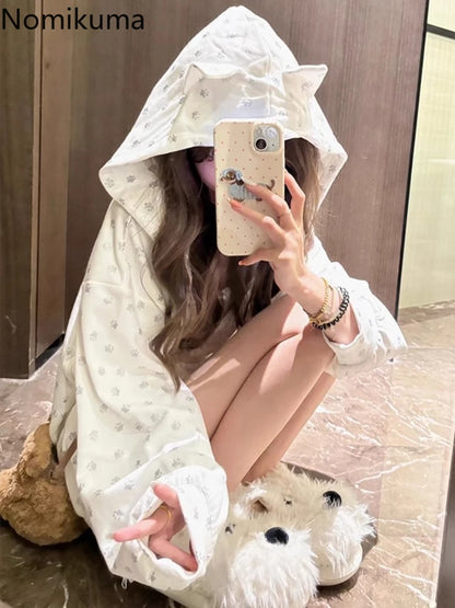Cat's Ears Hooded Sweatshirts Women's Clothing Cute Y2k Tops 2025 Roap Mujer Cartoon Print Casual Fashion Japanese Hoodie Coat