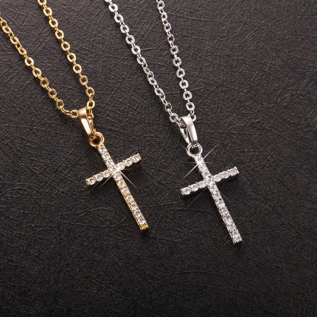 Luxury Zircon Cross Pendants Necklace Fashion Light Golden Silver Color for Men Women Jewelry Chain Accessory