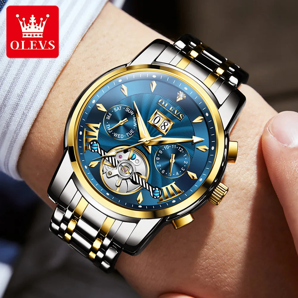 OLEVS 9965 Mechanical Watch for Men Tourbillon Dial Dual Calendar Display Luminous Automatic Mechanical Men's Watch
