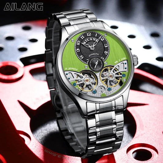 New AILANG Brand Luxury Double Tourbillon Watches for Men Fine steel Strap Waterproof Luminous Fashion Mechanical Watches Mens