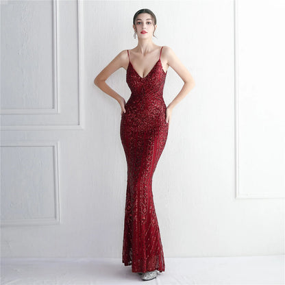 Women's Black Long Sleeve Padded Strap Sequin Dress Length, Sparkles Stretch, V Neck Mermaid, Formal Evening Dress, Night Party