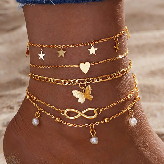 Bohemia Butterfly Anklet Set For Women Star Heart Pearl Charm Ankle Bracelet Female Summer Vacation Beach Jewelry Accessories