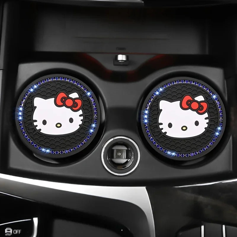 2pcs Kawaii Sanrio Hello Kitty Car Coaster,Cute Cartoon Non-slip Heat Insulation Coasters, Cup Pads Mat, Cup Holder Decoration