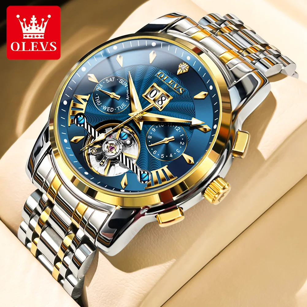 OLEVS 9965 Mechanical Watch for Men Tourbillon Dial Dual Calendar Display Luminous Automatic Mechanical Men's Watch