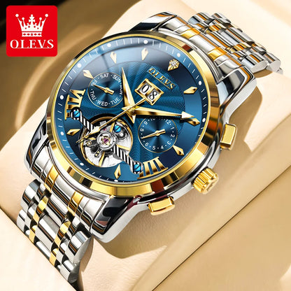 OLEVS 9965 Mechanical Watch for Men Tourbillon Dial Dual Calendar Display Luminous Automatic Mechanical Men's Watch