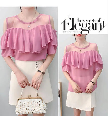 Off Shoulder Sexy Chiffon Blouses Women 2025 Summer Korean Fashion Clothes Ruffles Slim Sweet Ladies Casual Lace Tops Shirts Y2k