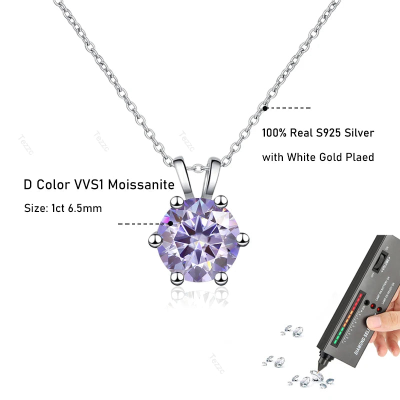 Tezzc 1CT Sparkling Luxury Moissanite Lab Diamond Pendant Necklace for Women 925 Sterling Silver High Quality Fine Jewelry
