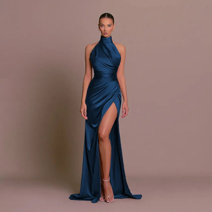 Ladies Summer Satin Evening Birthday Party Dresses Women Sleeveless Backless Halter Side Slit Elegant Long Dress Mowan Clothes