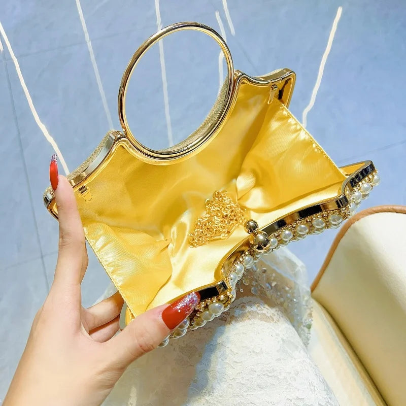 Luxurious Design Sparkling Banquet Clutch Bag Fashion Pearl inlay Wedding Handbag Lady Chain Shoulder Bag New Clutch Purse