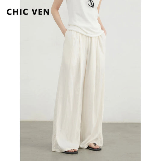 CHIC VEN 新作レディースパンツ 無地 伸縮性ウエスト ゆったり ハイウエスト カジュアル 女性用 トラウザー ワイドレッグ スポーツパンツ 2025年春夏