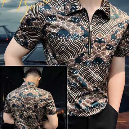 New Chinese Trend Leading Half-zip Men's Short-sleeved Shirt, Hong Kong Style Top
